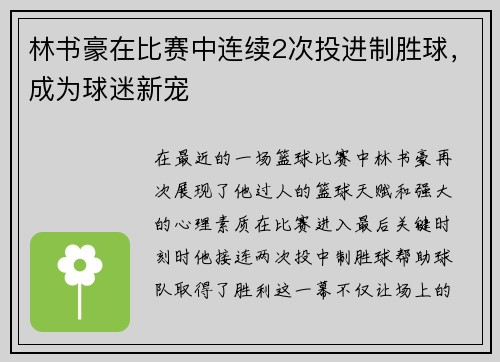 林书豪在比赛中连续2次投进制胜球，成为球迷新宠