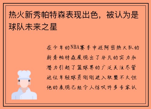 热火新秀帕特森表现出色，被认为是球队未来之星