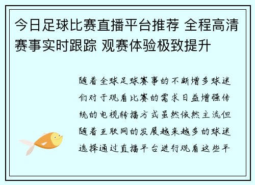 今日足球比赛直播平台推荐 全程高清赛事实时跟踪 观赛体验极致提升
